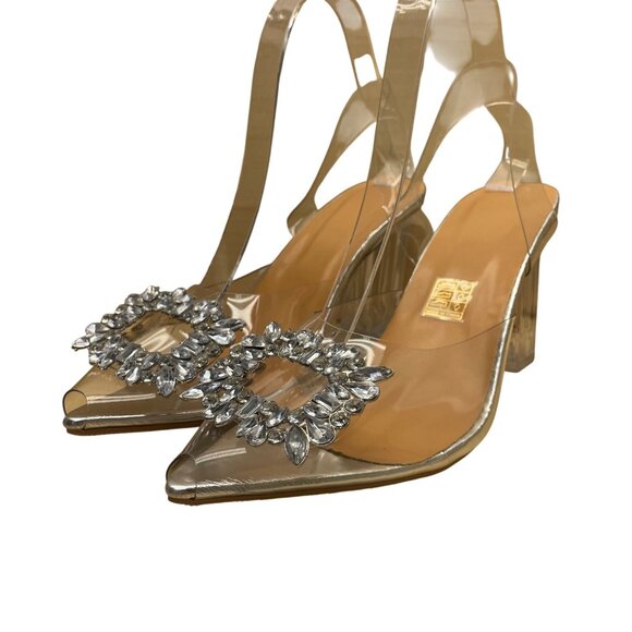 None Shoes - Women’s Clear Transparent Heels Rhinestone Embellished Slingback Pumps Size 40